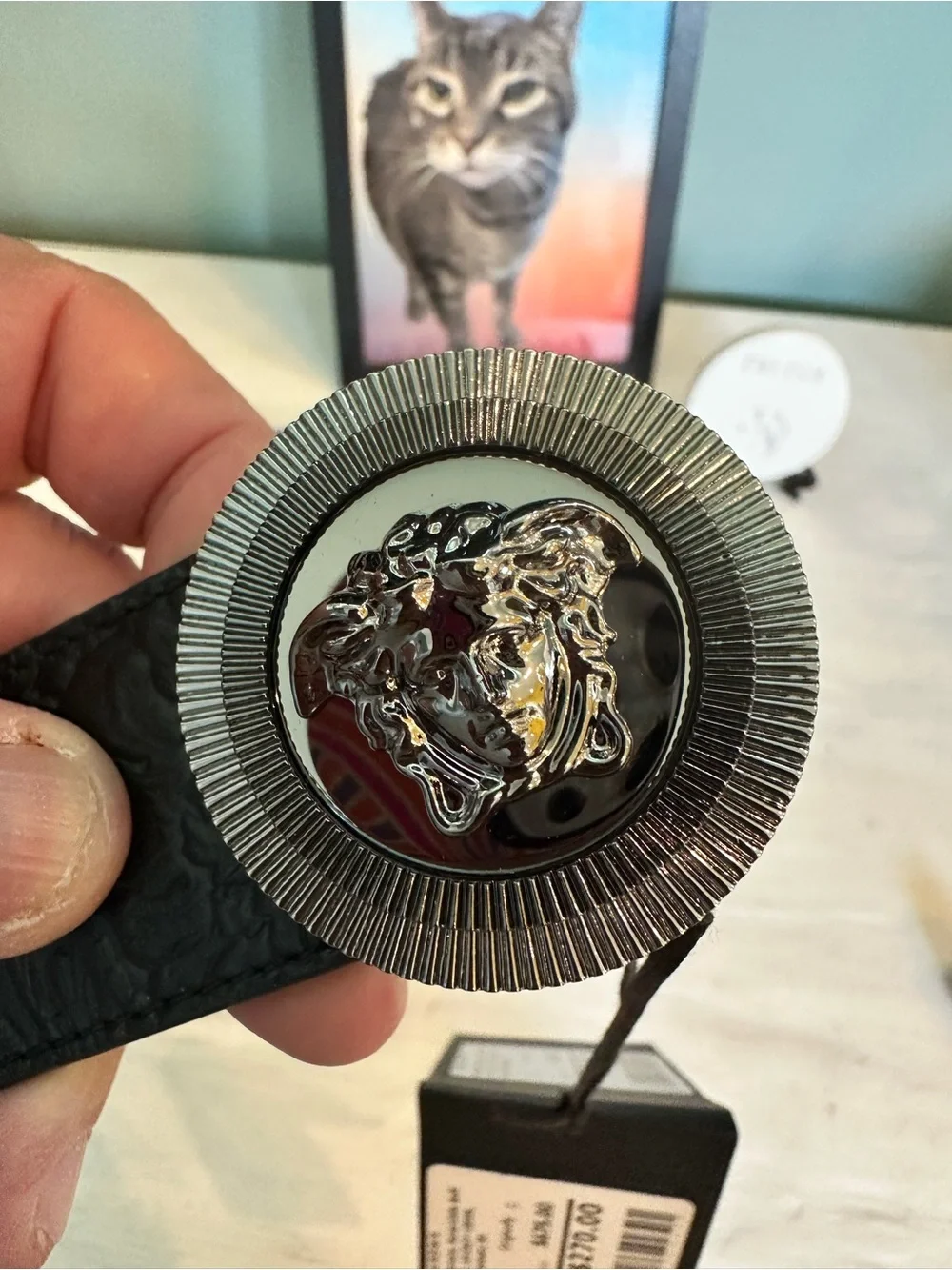 Versace Unisex Reversible Black Embossed Leather Belt with Silver Medusa Buckle